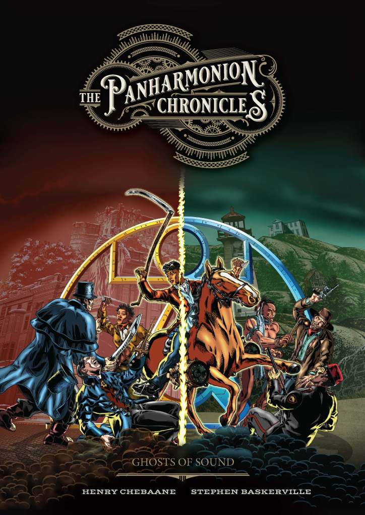 Official book cover for vol.2 of the cult graphic novel The Panharmonion Chronicles, written by Henry Chebaane. Depiction of the main protagonist Alex Campbell mounted on a horse, fighting several armed men in 19th century dress.